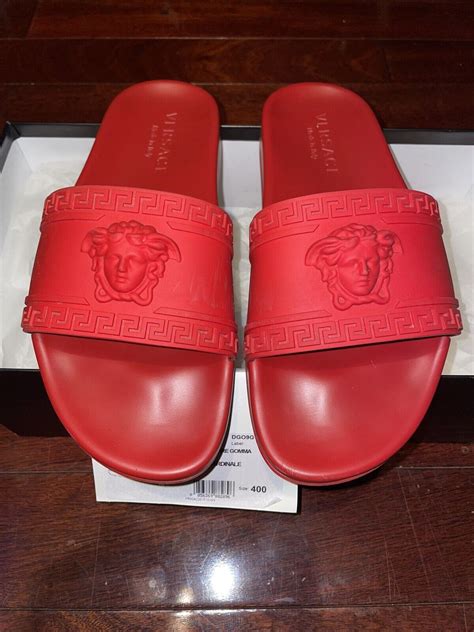 versace pool slides red|Versace la medusa leather slides.